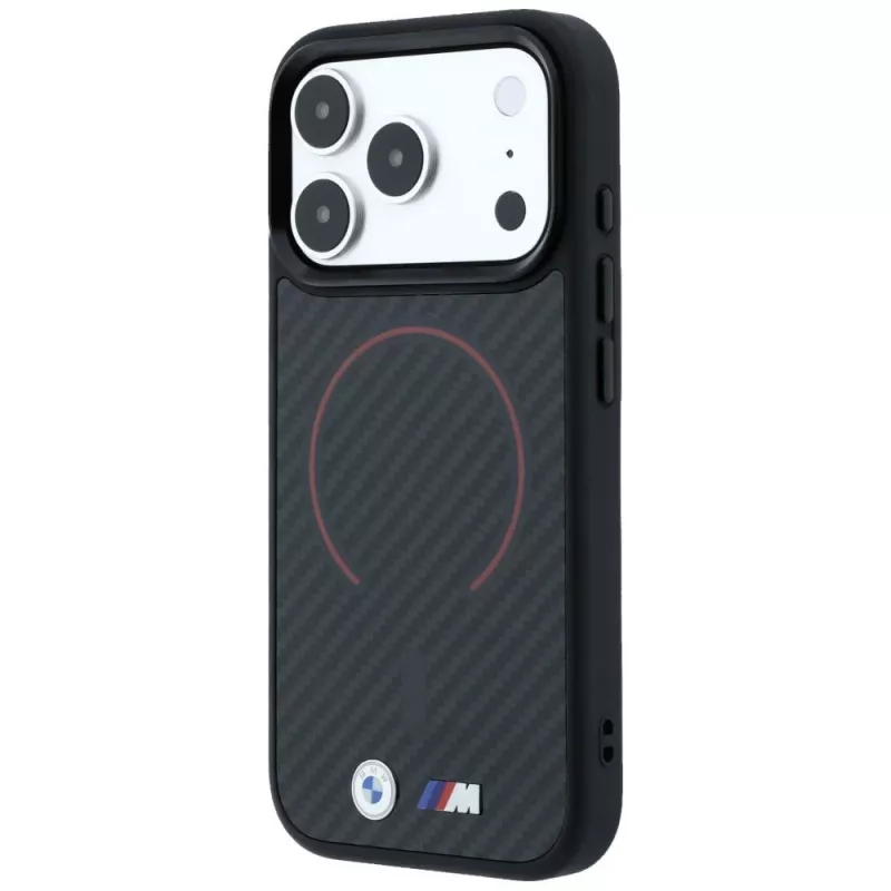 BMW BMW001265 M Kevlar Red Print Ring Metal Logo MagSafe-kotelo iPhone 18 Pro / 17 Pro -puhelimille, musta