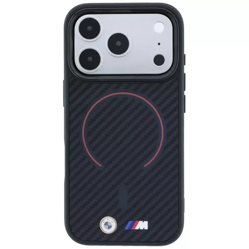 BMW BMW001265 M Kevlar Red Print Ring Metal Logo MagSafe-kotelo iPhone 18 Pro / 17 Pro -puhelimille, musta