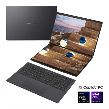 Asus Zenbook Duo UX8407AA-SN094X 14 tuuman kannettava tietokone, OLED-kosketusnäyttö, Intel Core Ultra 9 378H, 32 GB LPDDR5X, 2000 GB SSD, Windows 11 Home, Moher Gray