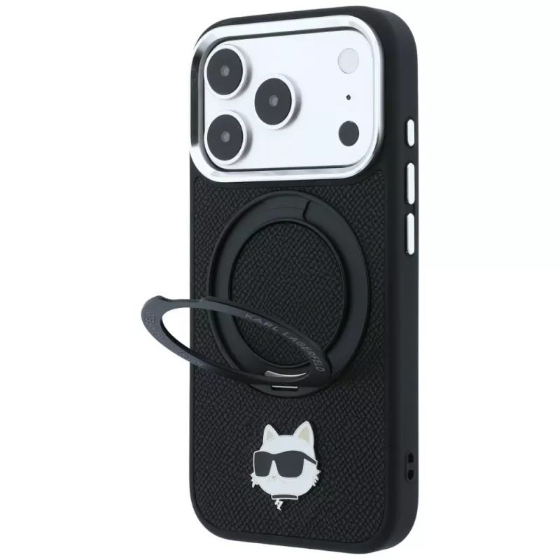 Karl Lagerfeld KF003216 Ring Stand 360 Choupette Head Pin MagSafe -suojakotelo iPhone 18 Pro Max / 17 Pro Max -puhelimelle, musta