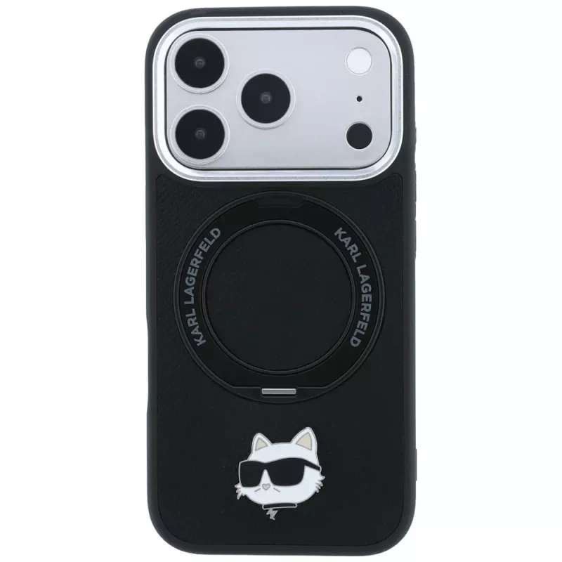 Karl Lagerfeld KF003216 Ring Stand 360 Choupette Head Pin MagSafe -suojakotelo iPhone 18 Pro Max / 17 Pro Max -puhelimelle, musta