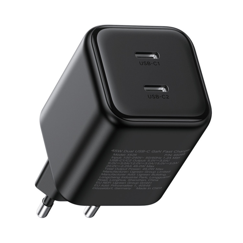 Ugreen X526 laturi 45 W, 2 x USB-C, GaN, musta