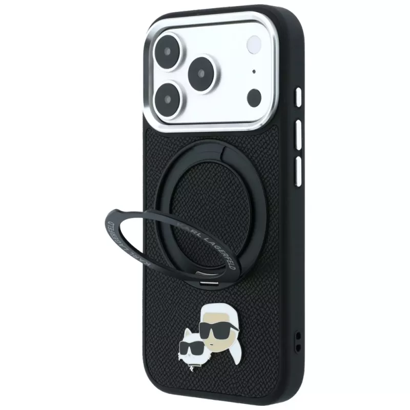 Karl Lagerfeld Ring Stand 360 Karl & Choupette Heads Pin -suojakuori MagSafe-tuella, iPhone 18 Pro / 17 Pro, musta