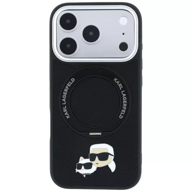 Karl Lagerfeld Ring Stand 360 Karl & Choupette Heads Pin -suojakuori MagSafe-tuella, iPhone 18 Pro / 17 Pro, musta