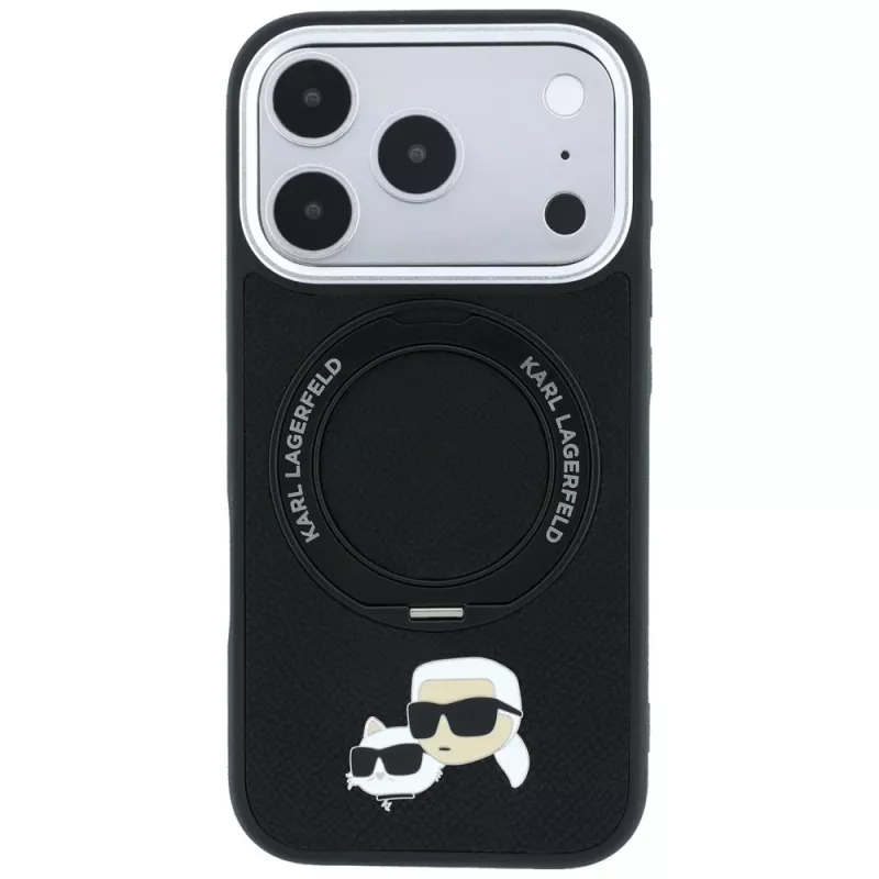 Karl Lagerfeld Ring Stand 360 Karl & Choupette Heads Pin MagSafe -kuori iPhone 18 Pro Max / 17 Pro Max -puhelimelle, musta
