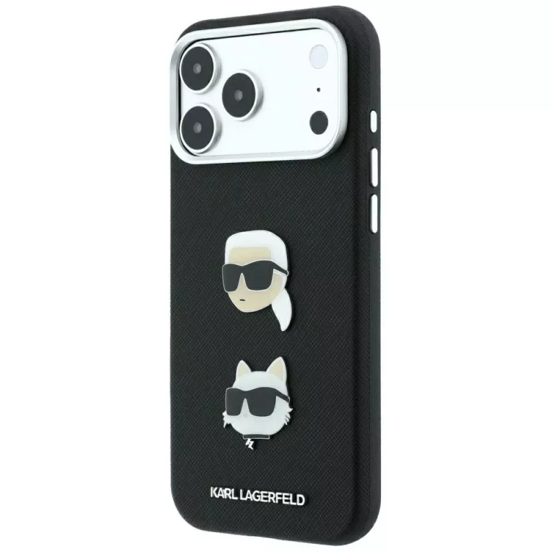 Karl Lagerfeld KF003250 suojakuori iPhone 18 Pro Max / 17 Pro Max -puhelimelle, Saffiano with Karl & Choupette Heads Pins & Logo, musta