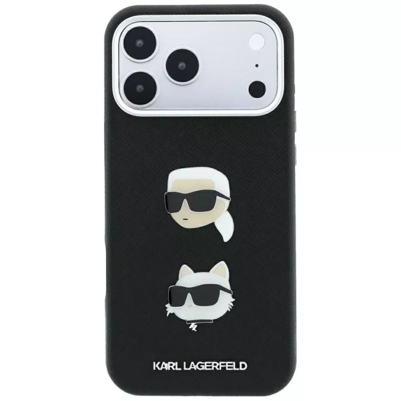 Karl Lagerfeld KF003250 suojakuori iPhone 18 Pro Max / 17 Pro Max -puhelimelle, Saffiano with Karl & Choupette Heads Pins & Logo, musta