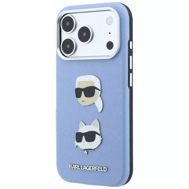 Karl Lagerfeld KF003247 Saffiano Karl & Choupette Heads Pins & Logo -suojakotelo iPhone 18 Pro / 17 Pro -puhelimelle, vaaleansininen