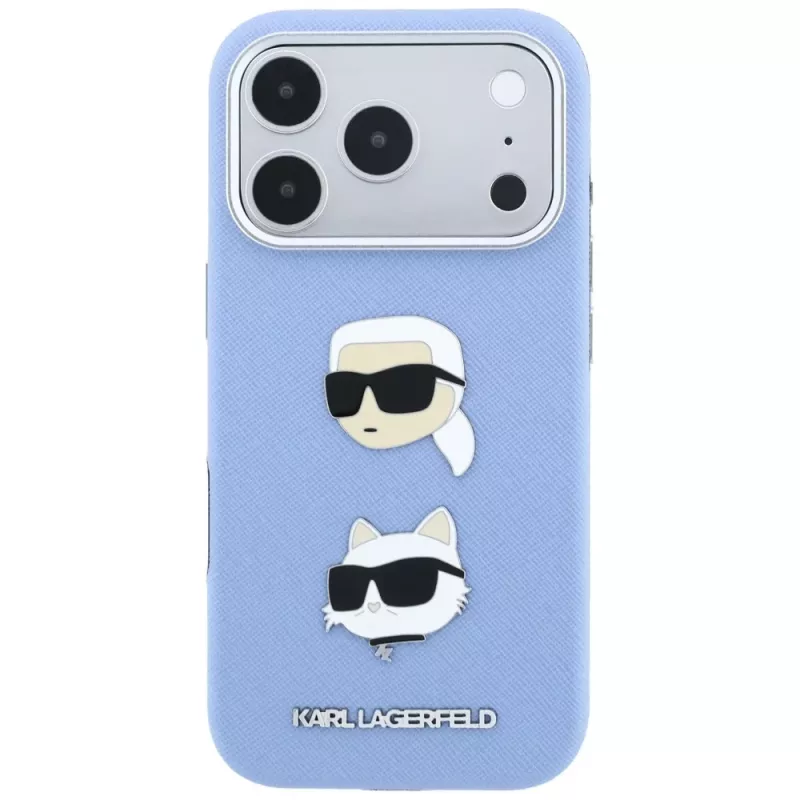 Karl Lagerfeld KF003247 Saffiano Karl & Choupette Heads Pins & Logo -suojakotelo iPhone 18 Pro / 17 Pro -puhelimelle, vaaleansininen