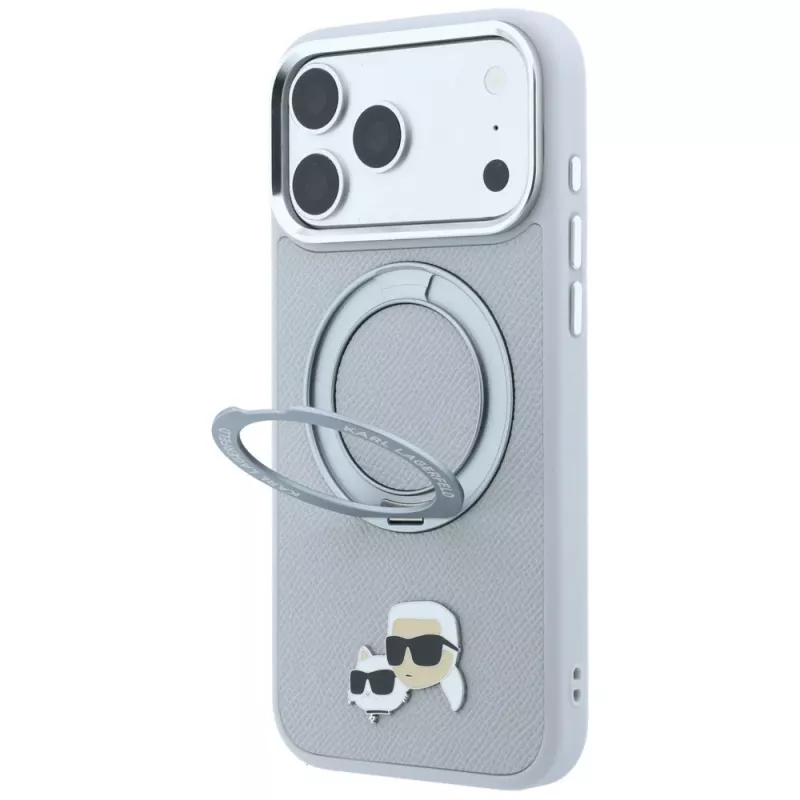Karl Lagerfeld KF003229 suojakuori 360-sormustelineellä Karl & Choupette Heads Pin MagSafe iPhone 18 Pro / 17 Pro -puhelimelle, harmaa