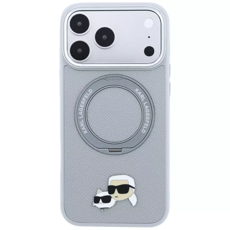 Karl Lagerfeld KF003229 suojakuori 360-sormustelineellä Karl & Choupette Heads Pin MagSafe iPhone 18 Pro / 17 Pro -puhelimelle, harmaa