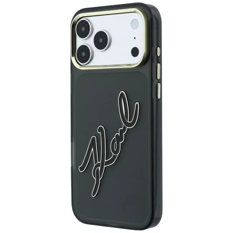 Karl Lagerfeld KF003382 IML Big Signature Resin Metal Frame -suojakuori iPhone 18 Pro Max / 17 Pro Max -puhelimelle, musta