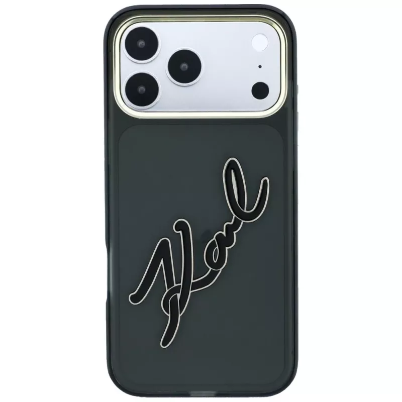 Karl Lagerfeld KF003382 IML Big Signature Resin Metal Frame -suojakuori iPhone 18 Pro Max / 17 Pro Max -puhelimelle, musta