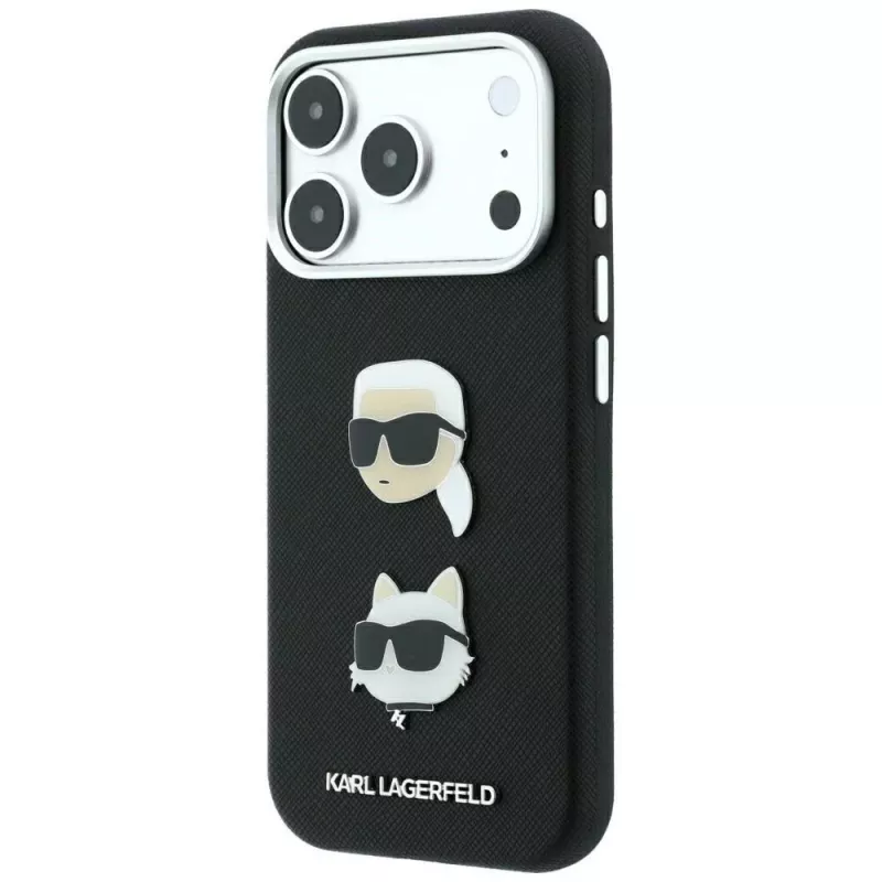 Karl Lagerfeld KF003249 Saffiano with Karl & Choupette Heads Pins & Logo -kotelo iPhone 18 Pro / 17 Pro -puhelimelle, musta
