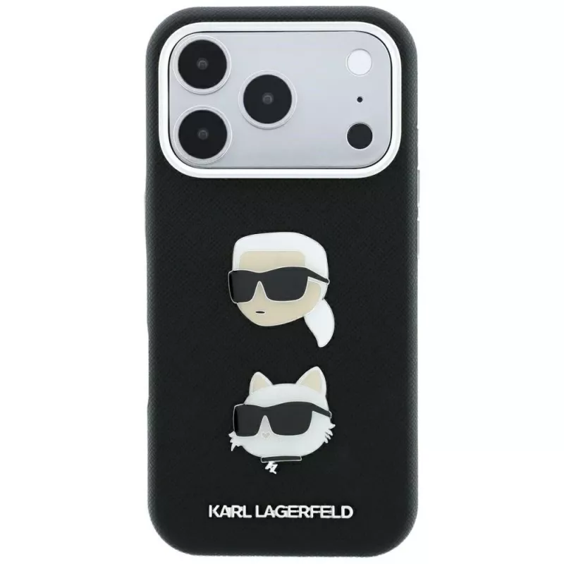 Karl Lagerfeld KF003249 Saffiano with Karl & Choupette Heads Pins & Logo -kotelo iPhone 18 Pro / 17 Pro -puhelimelle, musta