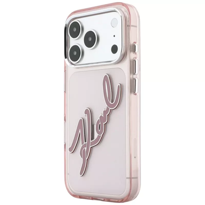 Karl Lagerfeld KF003384 IML Big Signature Resin Metal Frame -kuori iPhone 18 Pro Max / 17 Pro Max, vaaleanpunainen
