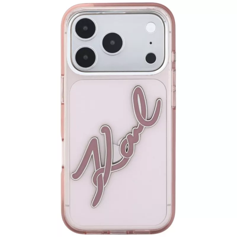 Karl Lagerfeld KF003384 IML Big Signature Resin Metal Frame -kuori iPhone 18 Pro Max / 17 Pro Max, vaaleanpunainen