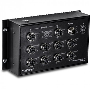 TRENDnet TI-XPG102 teollisuuskytkin, EN50155, M12, Gigabit PoE+, rautatiekäyttöön, 10 porttia