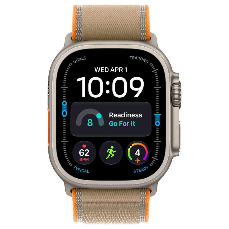 Apple Watch Ultra 4 GPS + Cellular 49 mm älykello, luonnonvärinen titaanikotelo, hiekanvärinen Trail Loop -ranneke, S/M, MJAJ4QF/A