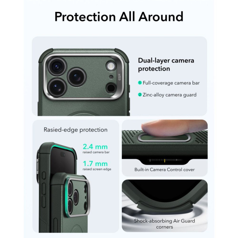 ESR Cyber Tough Kickstand MagSafe -suojakuori Apple iPhone 17 Pro / 18 Pro -puhelimelle, vihreä