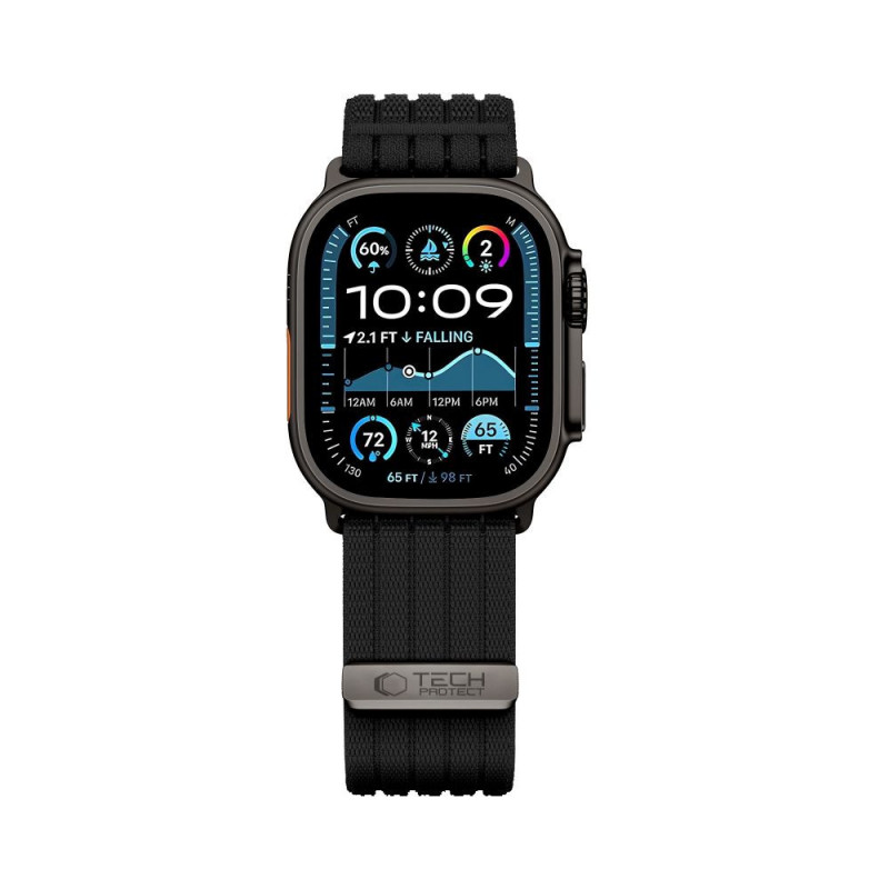Tech-Protect Nylon Sport -ranneke Apple Watch 44/45/46/49 mm -kelloille, musta