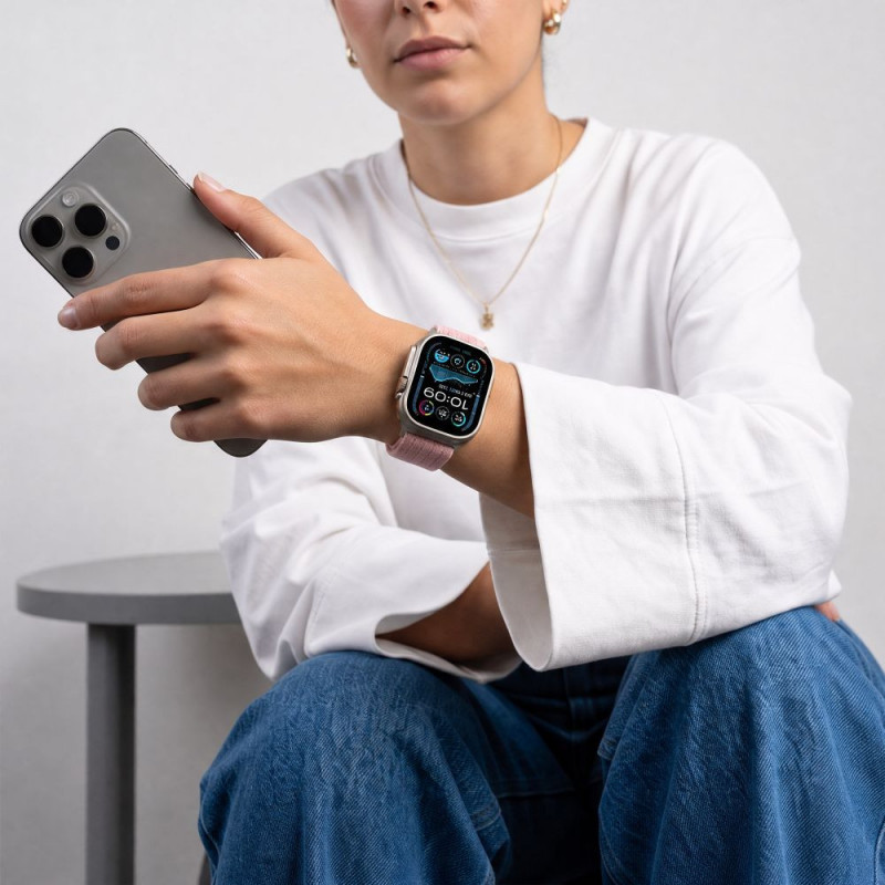 Tech-Protect Nylon Sport -ranneke Apple Watch 44/45/46/49 mm -kelloille, vaaleanpunainen