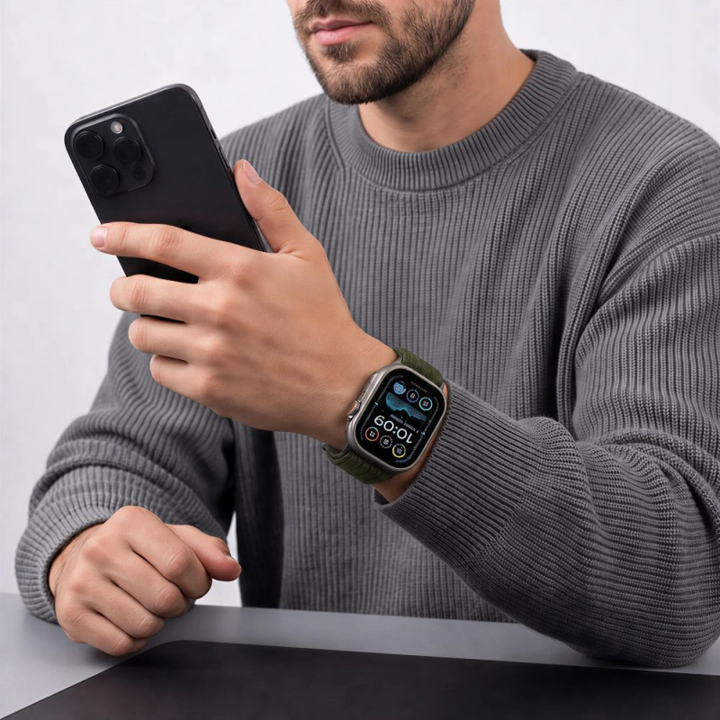 Tech-Protect Nylon Sport -ranneke Apple Watch 44/45/46/49 mm -kelloille, tummanvihreä