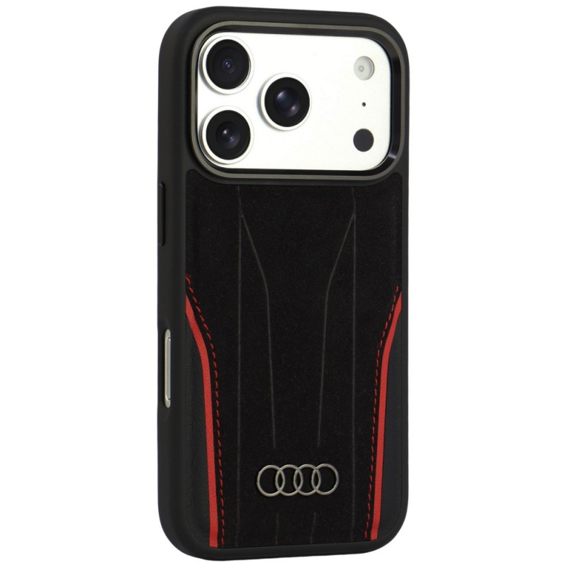 Audi R8 Genuine Leather MagSafe suojakuori aitoa nahkaa iPhone 18 Pro / 17 Pro, musta ja punainen (AUDI000239)