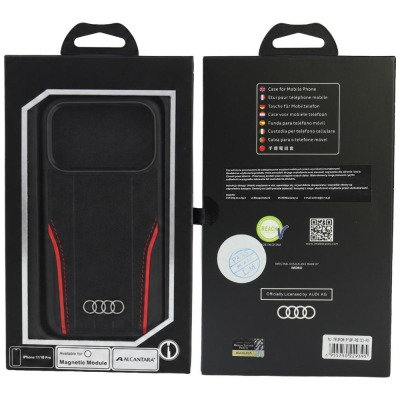 Audi R8 Genuine Leather MagSafe suojakuori aitoa nahkaa iPhone 18 Pro / 17 Pro, musta ja punainen (AUDI000239)