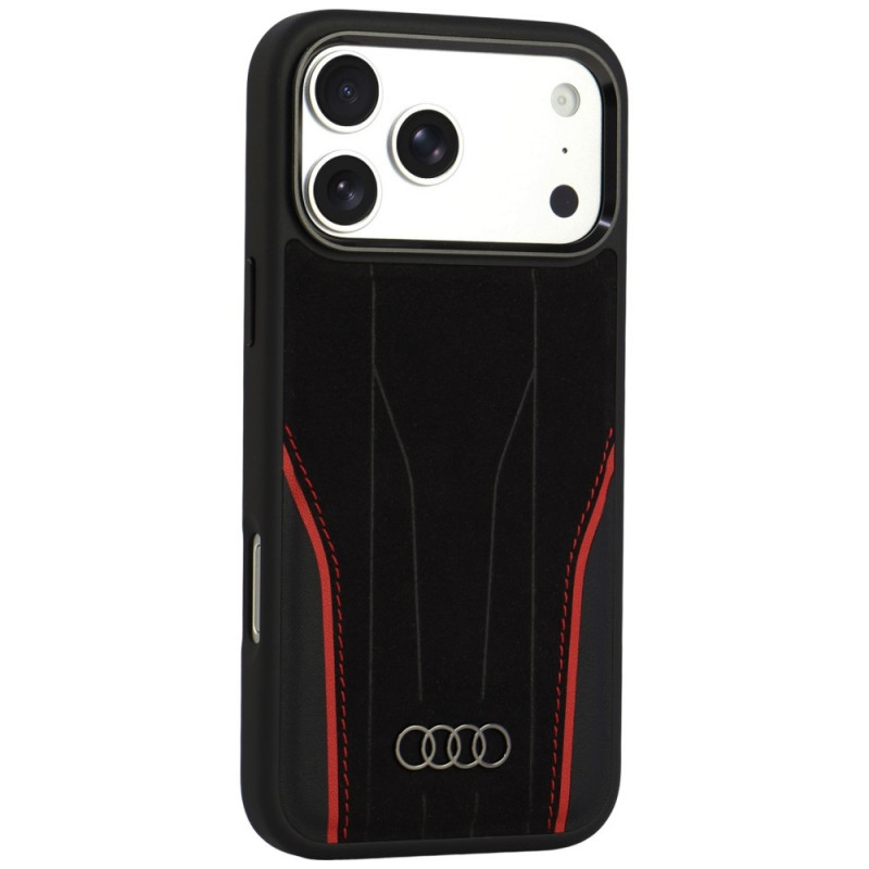 Audi R8 Genuine Leather MagSafe suojakuori aitoa nahkaa iPhone 18 Pro Max / 17 Pro Max, musta ja punainen (AUDI000240)