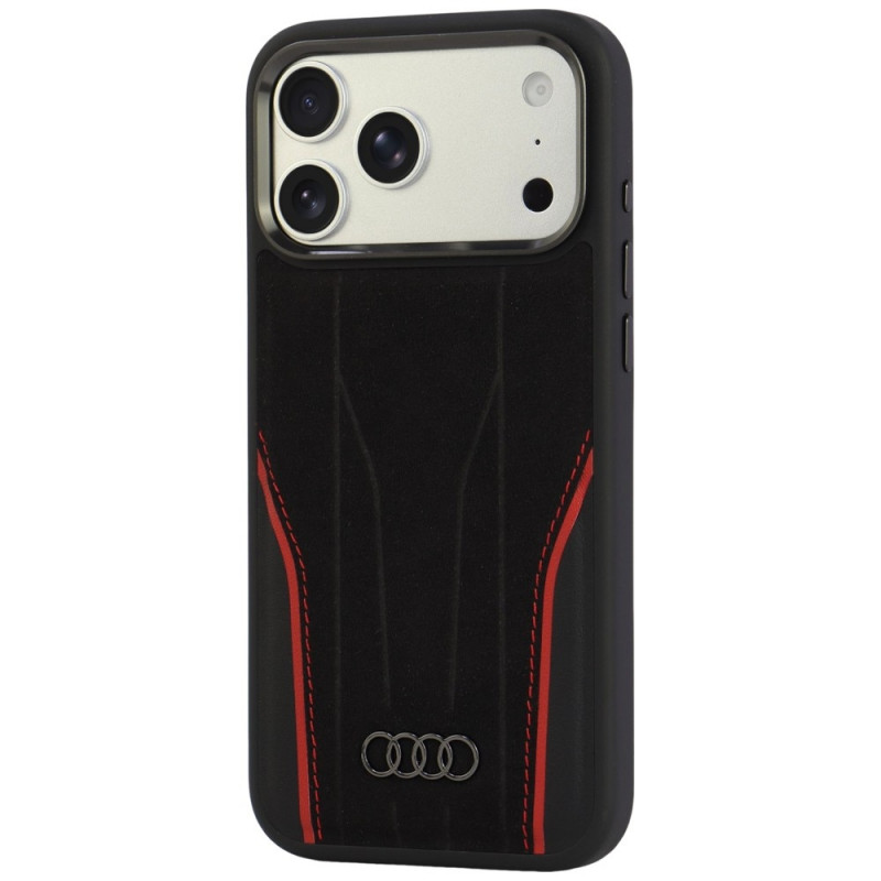 Audi R8 Genuine Leather MagSafe suojakuori aitoa nahkaa iPhone 18 Pro Max / 17 Pro Max, musta ja punainen (AUDI000240)