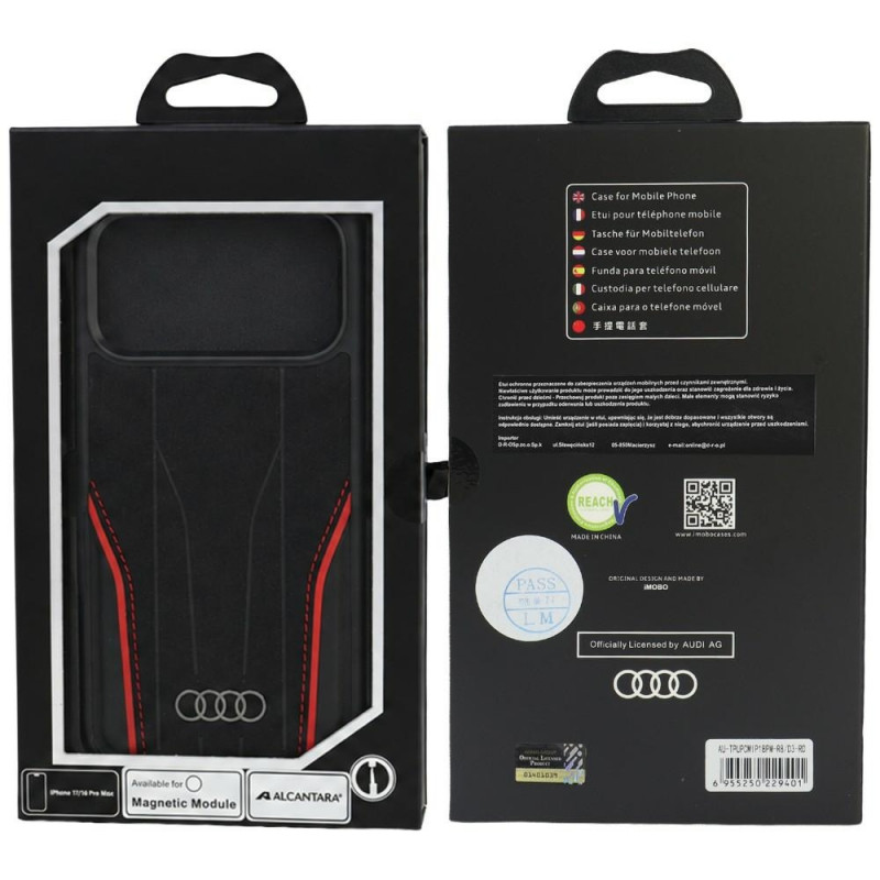 Audi R8 Genuine Leather MagSafe suojakuori aitoa nahkaa iPhone 18 Pro Max / 17 Pro Max, musta ja punainen (AUDI000240)