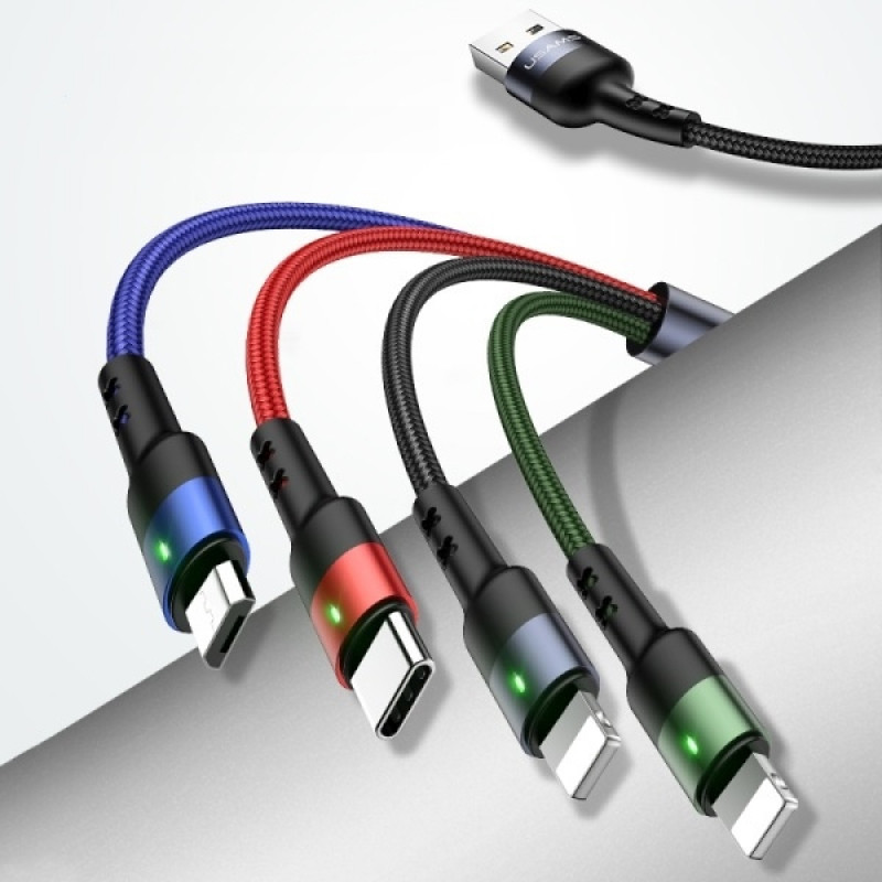 USAMS U26 SJ413USB01 (US-SJ413) 4-in-1 punottu nailonkaapeli, 3 m, 2 A (2x Lightning/microUSB/USB-C)