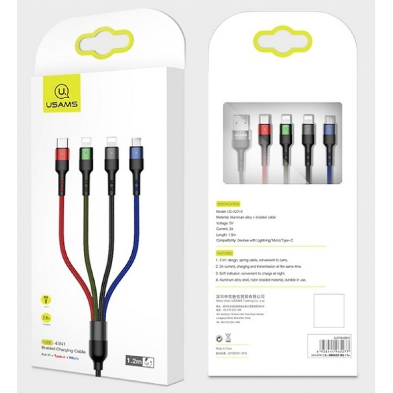 USAMS U26 SJ413USB01 (US-SJ413) 4-in-1 punottu nailonkaapeli, 3 m, 2 A (2x Lightning/microUSB/USB-C)