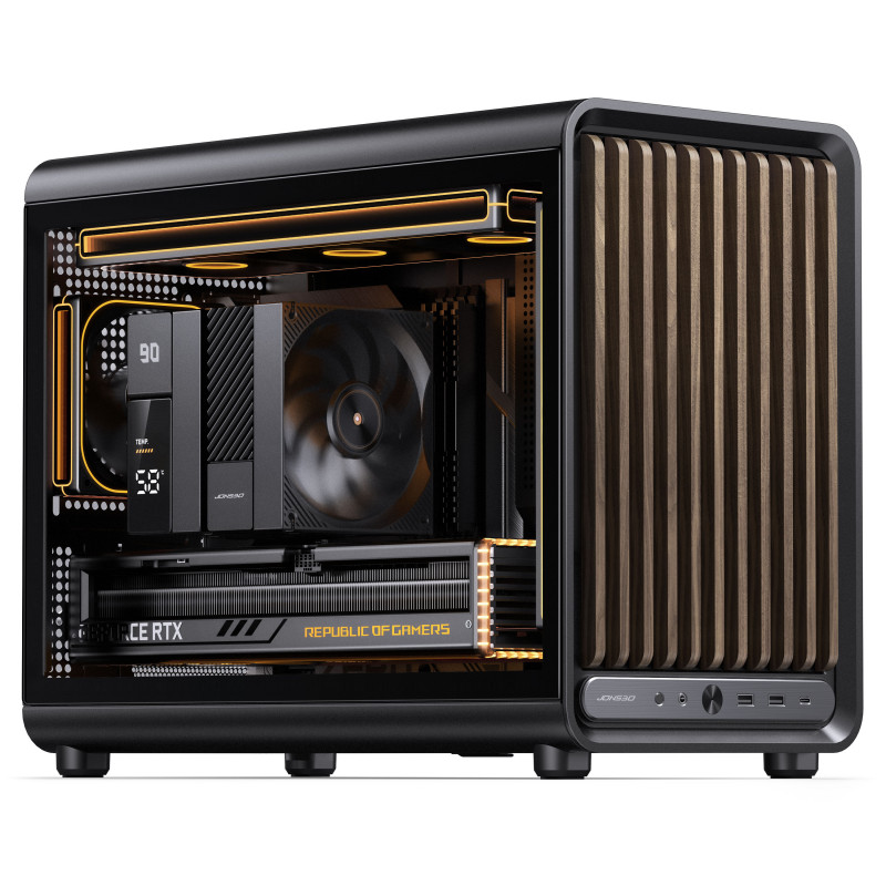 Jonsbo D33 Wood tietokonekotelo, Micro-ATX, mATX, karkaistu lasi, musta, puu