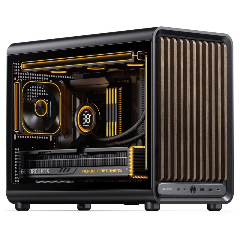 Jonsbo D33 Wood tietokonekotelo, Micro-ATX, mATX, karkaistu lasi, musta, puu