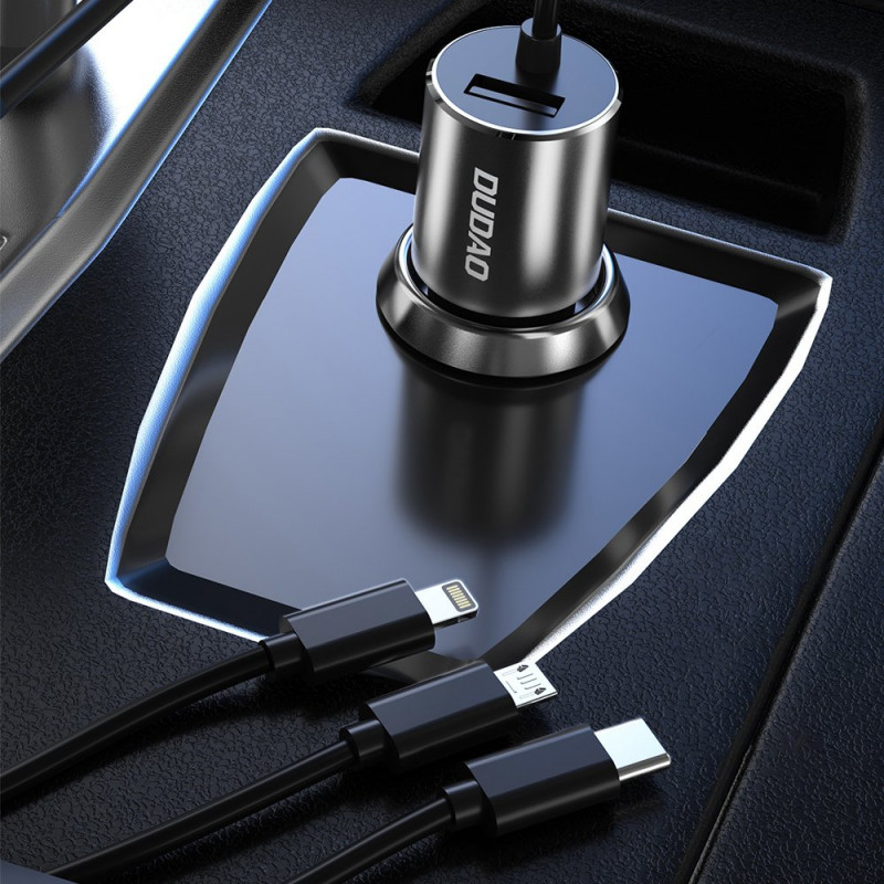 Dudao R5ProN autolaturi sisäänrakennetulla 3-in-1-kaapelilla (Lightning / USB-C / micro USB), 3,4 A, 1 m, musta