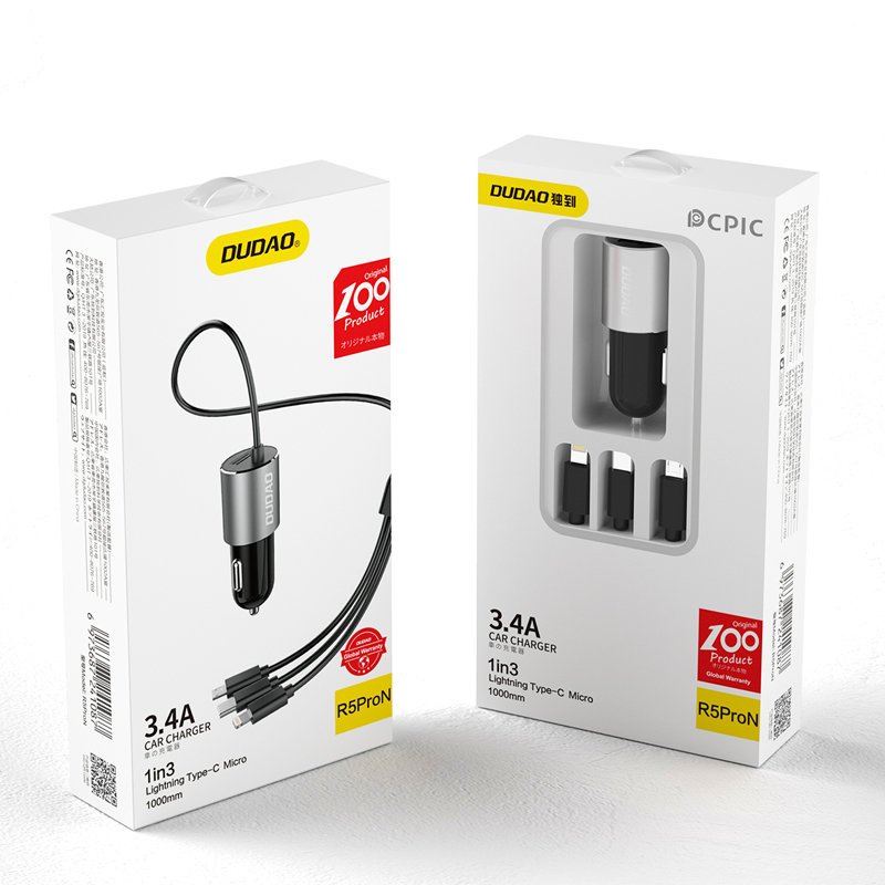 Dudao R5ProN autolaturi sisäänrakennetulla 3-in-1-kaapelilla (Lightning / USB-C / micro USB), 3,4 A, 1 m, musta