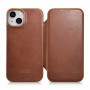 iCarer CE Oil Wax Premium Leather Folio Case magneettinen läppäkotelo iPhone 14 Plus -puhelimelle, MagSafe, ruskea (AKI14220707-BN)