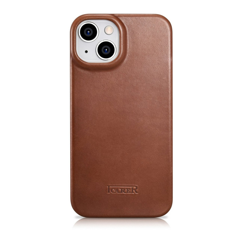 iCarer CE Oil Wax Premium Leather Folio Case magneettinen läppäkotelo iPhone 14 Plus -puhelimelle, MagSafe, ruskea (AKI14220707-BN)