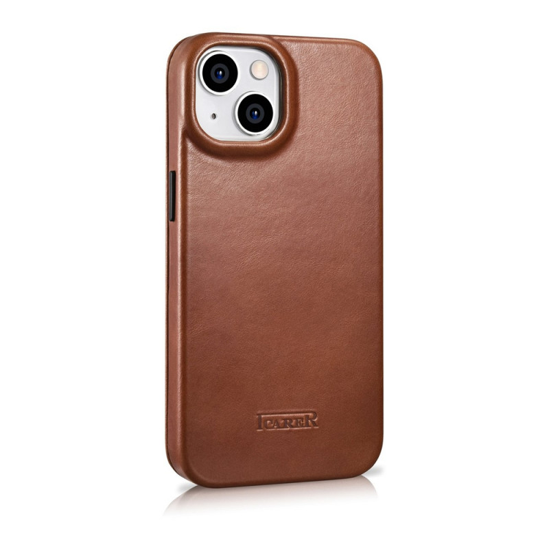 iCarer CE Oil Wax Premium Leather Folio Case magneettinen läppäkotelo iPhone 14 Plus -puhelimelle, MagSafe, ruskea (AKI14220707-BN)