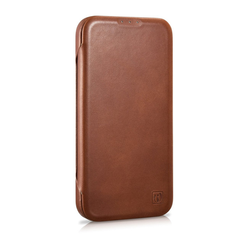 iCarer CE Oil Wax Premium Leather Folio Case magneettinen läppäkotelo iPhone 14 Plus -puhelimelle, MagSafe, ruskea (AKI14220707-BN)