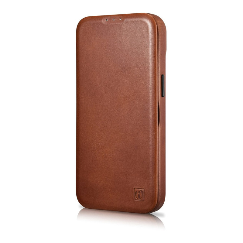 iCarer CE Oil Wax Premium Leather Folio Case magneettinen läppäkotelo iPhone 14 Plus -puhelimelle, MagSafe, ruskea (AKI14220707-BN)