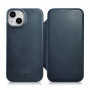 iCarer CE Oil Wax Premium Leather Folio Case magneettinen läppäkotelo iPhone 14 Plus -puhelimelle, MagSafe, sininen (AKI14220707-BU)
