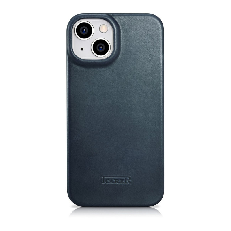 iCarer CE Oil Wax Premium Leather Folio Case magneettinen läppäkotelo iPhone 14 Plus -puhelimelle, MagSafe, sininen (AKI14220707-BU)
