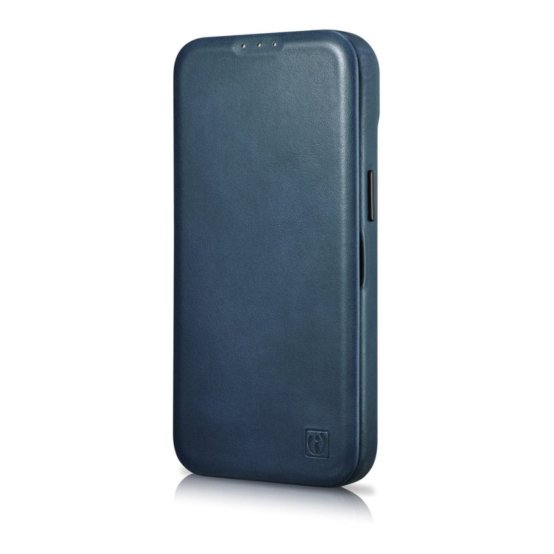 iCarer CE Oil Wax Premium Leather Folio Case magneettinen läppäkotelo iPhone 14 Plus -puhelimelle, MagSafe, sininen (AKI14220707-BU)