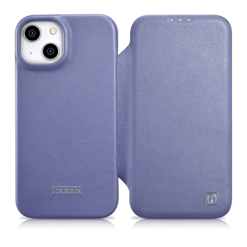 iCarer CE Premium Leather Folio Case nahkakotelo Apple iPhone 14 Plus / 15 Plus -puhelimille, MagSafe, vaaleanvioletti (ICR413)