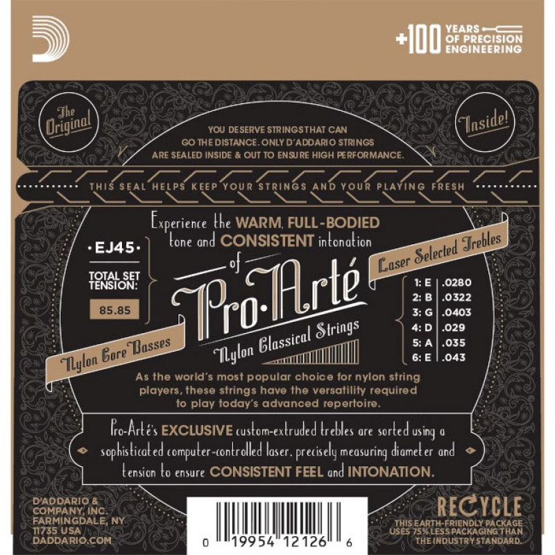 D'Addario EJ45 Pro-Arté nailon-kielet klassiselle kitaralle, normaali kireys, 28-43