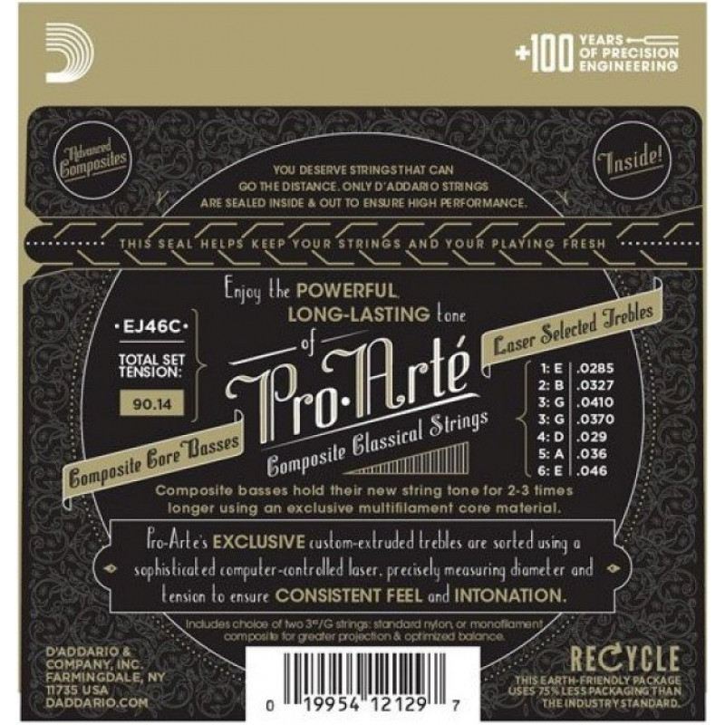 D'Addario EJ46 Pro-Arté kielet klassiselle kitaralle, kova kireys, 28-44