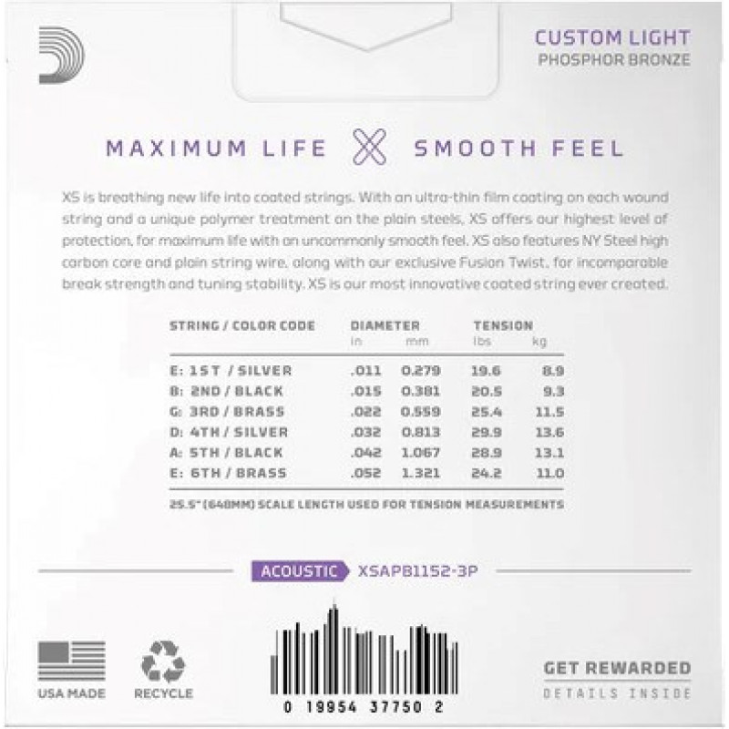 D'Addario XSAPB1152 akustisen kitaran kielet, 11–52